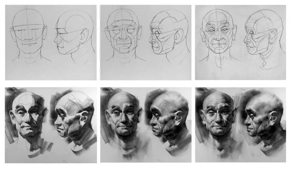 stages of drawing a portrait with charcoal