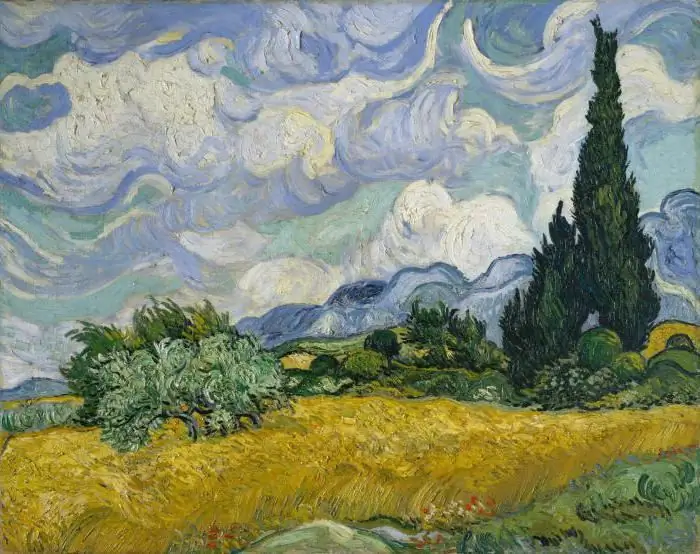 Những cánh đồng, những cánh đồng lúa mì trong tác phẩm của Van Gogh. Tranh "Cánh đồng lúa mì với cây bách"